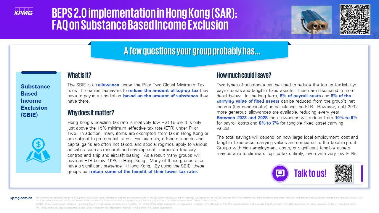 BEPS 2.0 implementation in Hong Kong (SAR): FAQ on Substance Based Income Exclusion