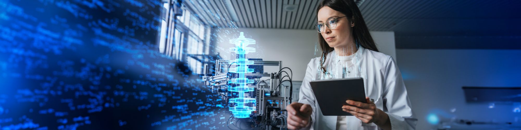 Female engineer holding tablet in futuristic lab