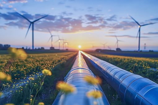 Pipelines in field with wind turbines