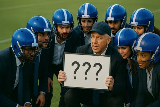 Football team in suits coach holding sign with question marks