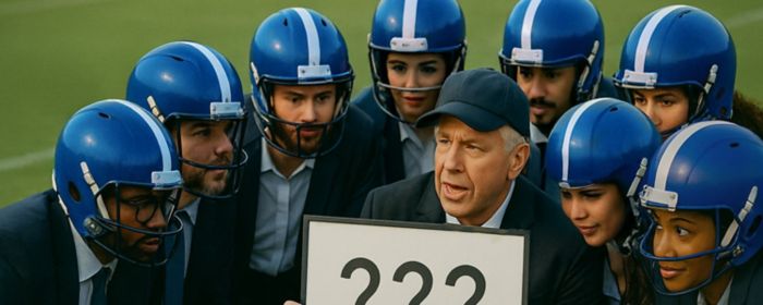 Football team in suits coach holding sign with question marks