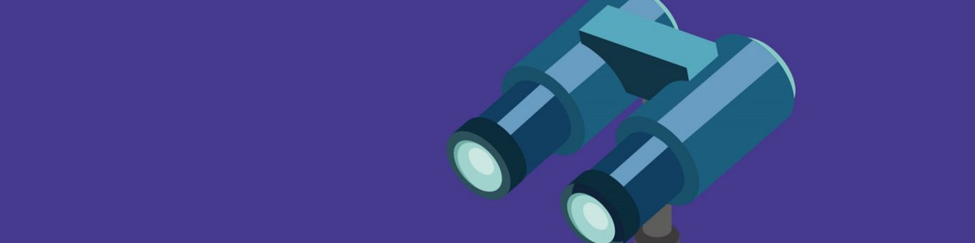 Four businessmen looking through telescopes against blue background illustration