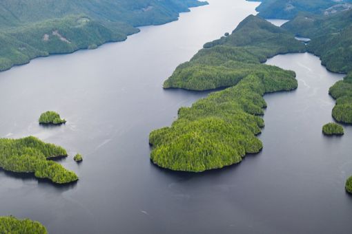 Forested islands in lake with mountains
