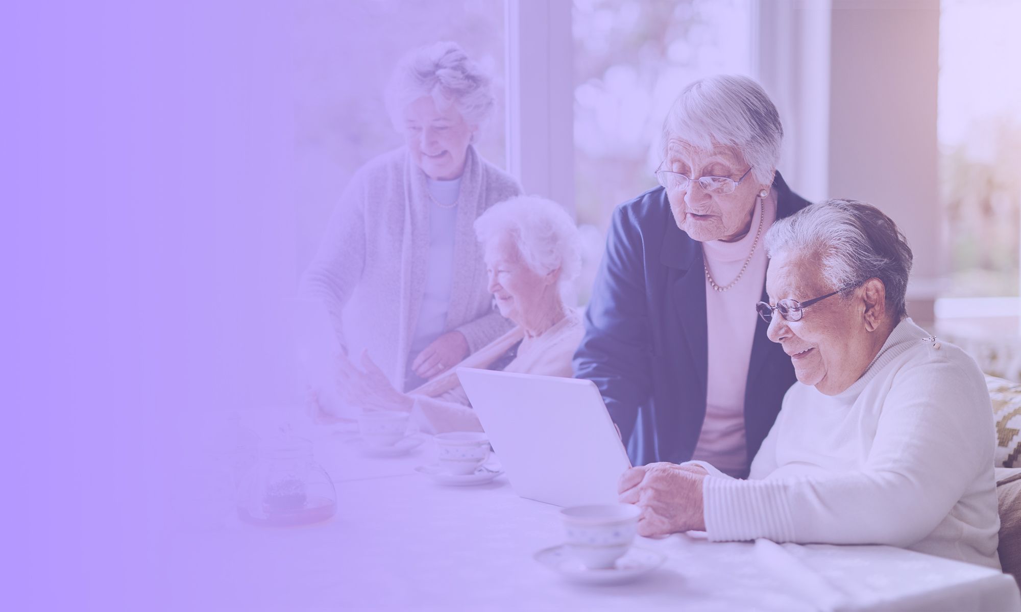 A group of elderly women having fun using laptops