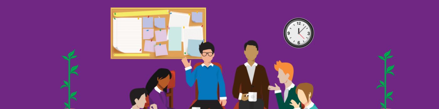 Group of people having team meeting and coffee in office against purple background, Illustration