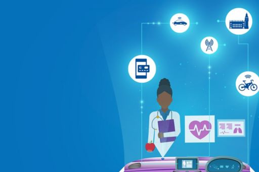 Receive the latest insights on the future of mobility straight to your inbox - illustration of a doctor surrounded by icons