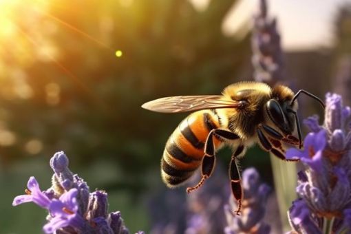 honey bee close up flying around lavender