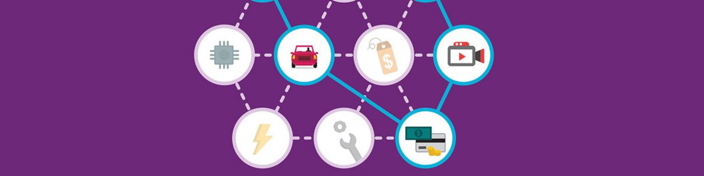 Illustrative icons of car wallet crane pill video camera inside connected circle purple background