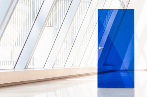 Blue door standing in glass office