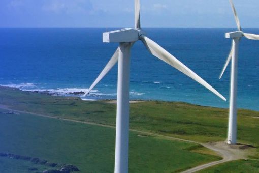 Wind turbines near a coastline