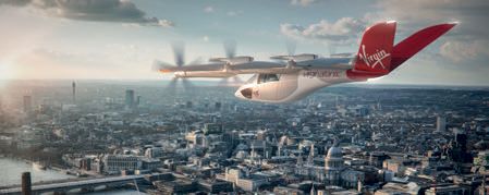 Electric Vertical Take-Off and Landing (eVTOL) aircraft flying above city