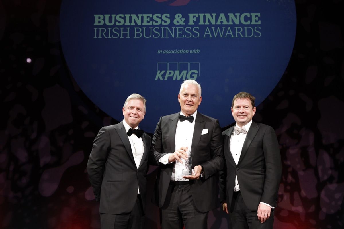 Ian Hyland, President & CEO of Business & Finance Media Group, Tony O'Reilly accepting the TK Whitaker award on behalf of his late father, and Seamus Hand, Managing Partner of KPMG Ireland.