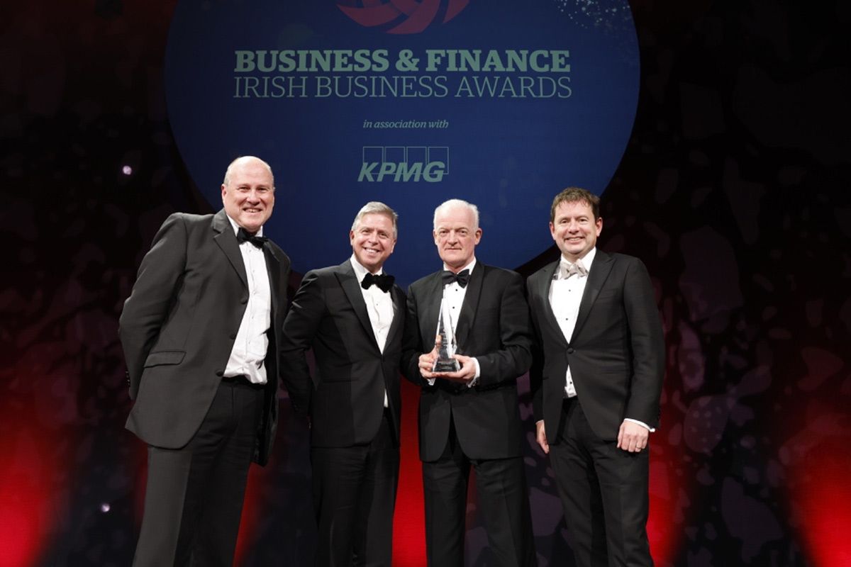 Ivan Yates, broadcaster, Ian Hyland, President & CEO of Business & Finance Media Group, Willie Mullins, champion trainer and winner of the Outstanding Contribution to Ireland award, and Seamus Hand, Managing Partner of KPMG Ireland.