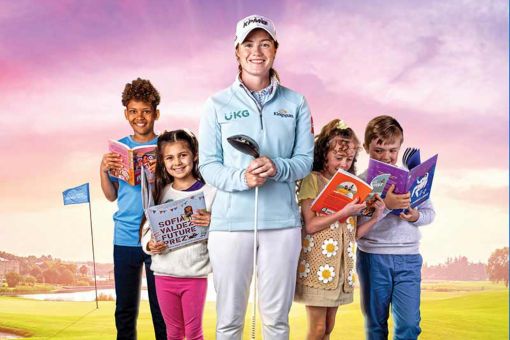 Golfer Leona Maguire and a group of children holding books