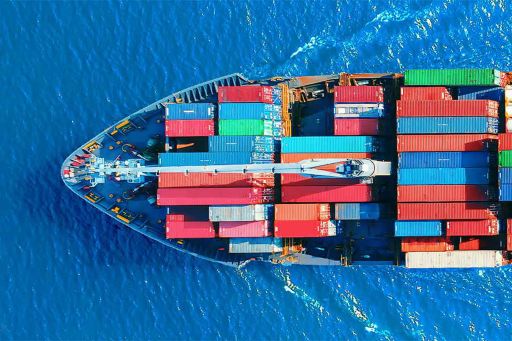 Boat carrying containers seen from above