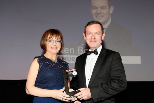 Cathriona Hallahan, chair of The Irish Times Business Awards 2019 judging panel and MD of Microsoft Ireland, presents the CFO of the Year Award to Ken Bowles from Smurfit Kappa.