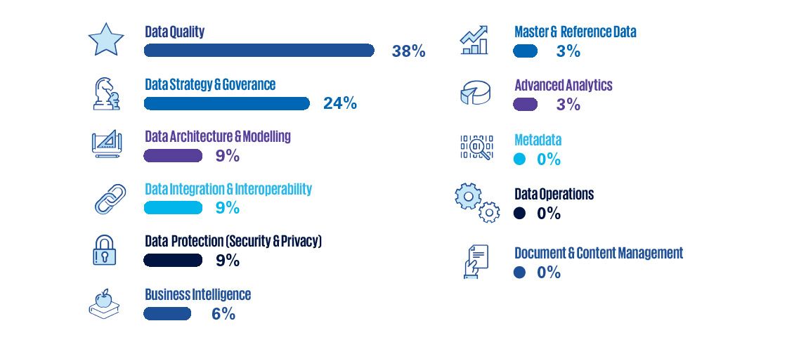  Data Quality 38%.  Data Strategy & Governance 24%.  Data Architecture & Modelling 9%. Data Integration & lnteroperability 9%. Data protection (Security & privacy) 9%.  Business intelligence 6%. Master & Reference Data 3%. Advanced Analytics 3%.  Metadata 0%. Data operations 0%. Document & content Management 0%.