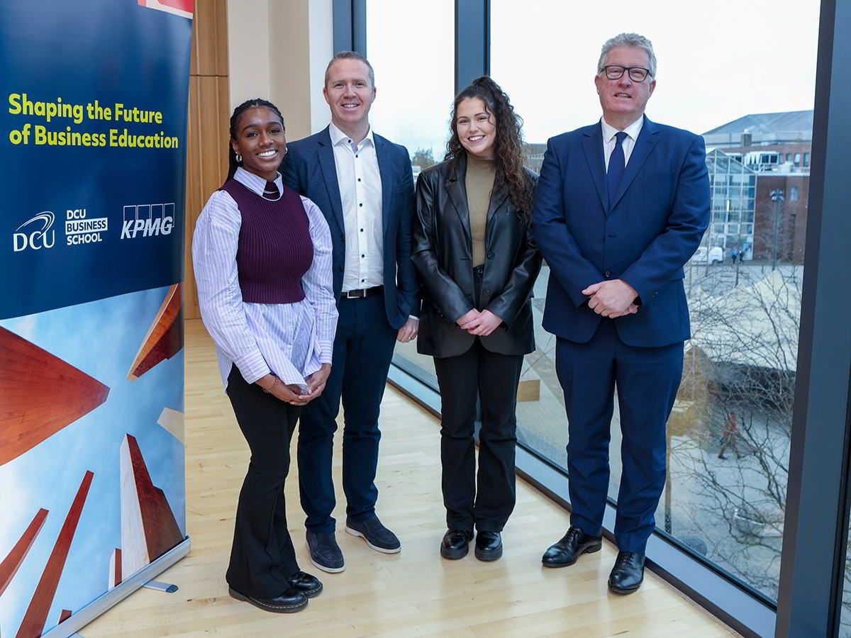 Joe O'Mara, Head of Aviation Finance at KPMG with Prof Daire Keogh, President of DCU and students Nicole Emezie and Olivia Cody