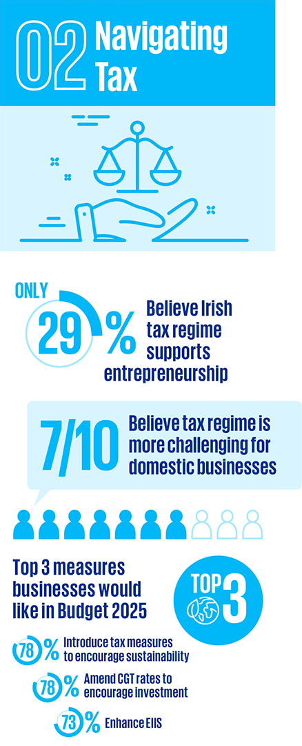 02 Navigating Tax. 29 % Believe Irish tax regime supports entrepreneurship. 7/10 Believe tax regime is more challenging for domestic businesses Top 3 measures businesses would like in Budget 2025: 78 % Introduce tax measures to encourage sustainability. 78 % Amend CGT rates to encourage investment. 73 %Enhance EIIS.