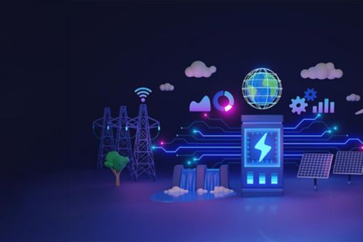 Smart grid and effective electricity distribution in 3D illustration concept. Renewable power network with alternative solar or wind generation infrastructure. Transformer station. 3D Illustration