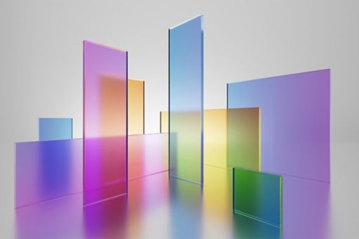 Coloured panes of glass on grey background