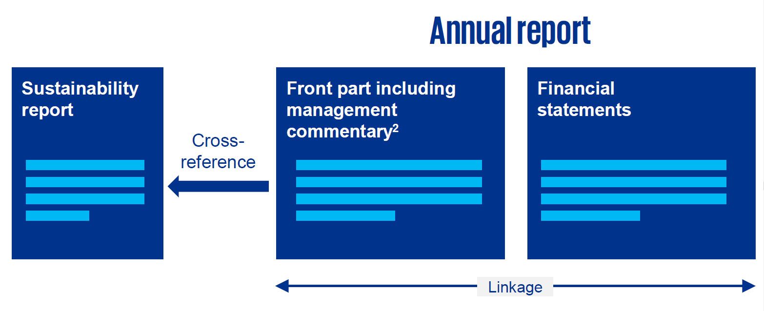 Example 2: Separate report providing sustainability-related information, cross-referenced to and available at the same time and on the same terms as management commentary.