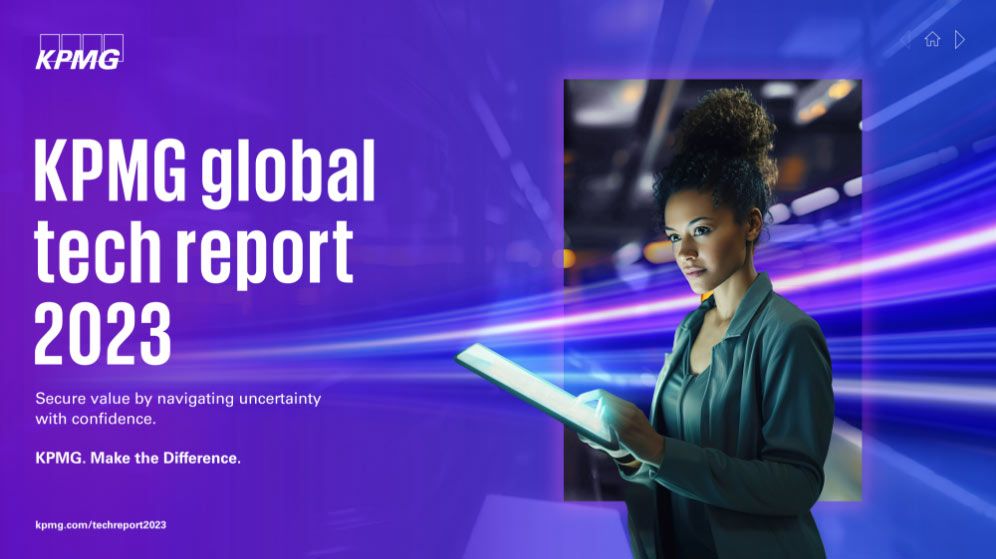 global tech report cover, woman holding tablet