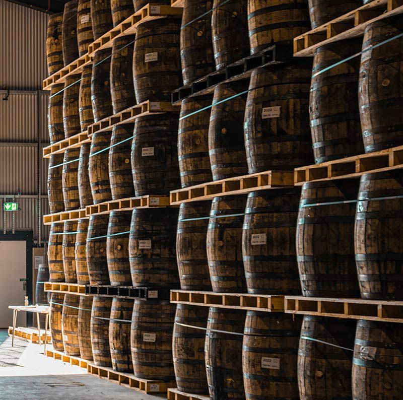 rows of whiskey barrels