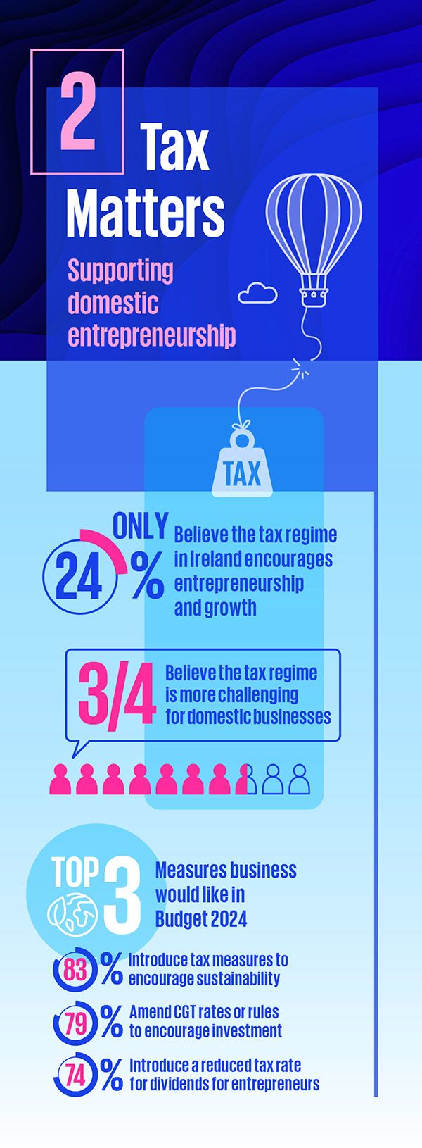 Tax Matters Encouraging and supporting domestic entrepreneurship. Only 24% Believe the tax regime favours multinationals more than domestic business. Top 3 Measures indigenous businesses would like in Budget 2024. 83% Tax measures to encourage sustainable behaviour. 79% Amend Capital Gains Tax rates or rules. 74% Reduce tax rate for dividends for entrepreneurs.