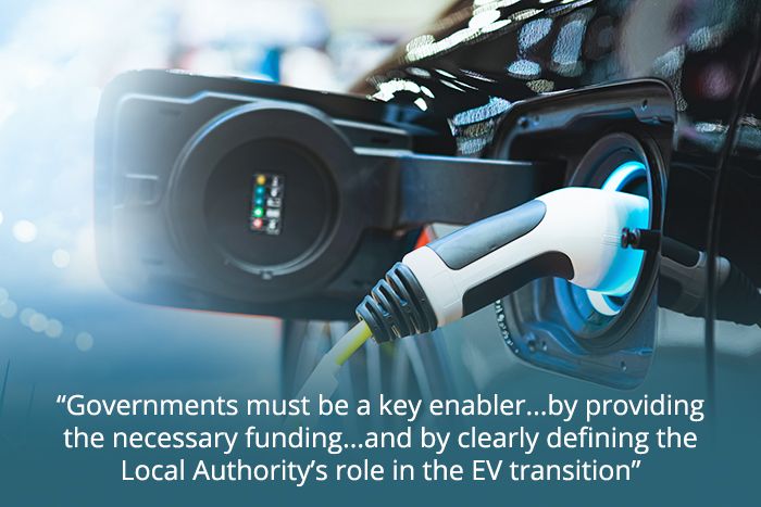 Electric car charging with quote overlaid “Governments must be a key enabler...by providing the necessary funding...and by clearly defining the Local Authority’s role in the EV transition”