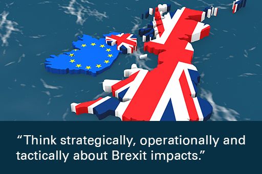 Map of Ireland and Great Britain overlaid with quote "Think strategically, operationally and tactically about Brexit impacts"