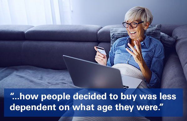 Woman shopping online with text overlaid "how people decided to buy was less dependent on what age they were."