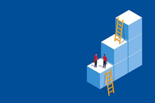 Illustration of executives climbing blocks using ladders