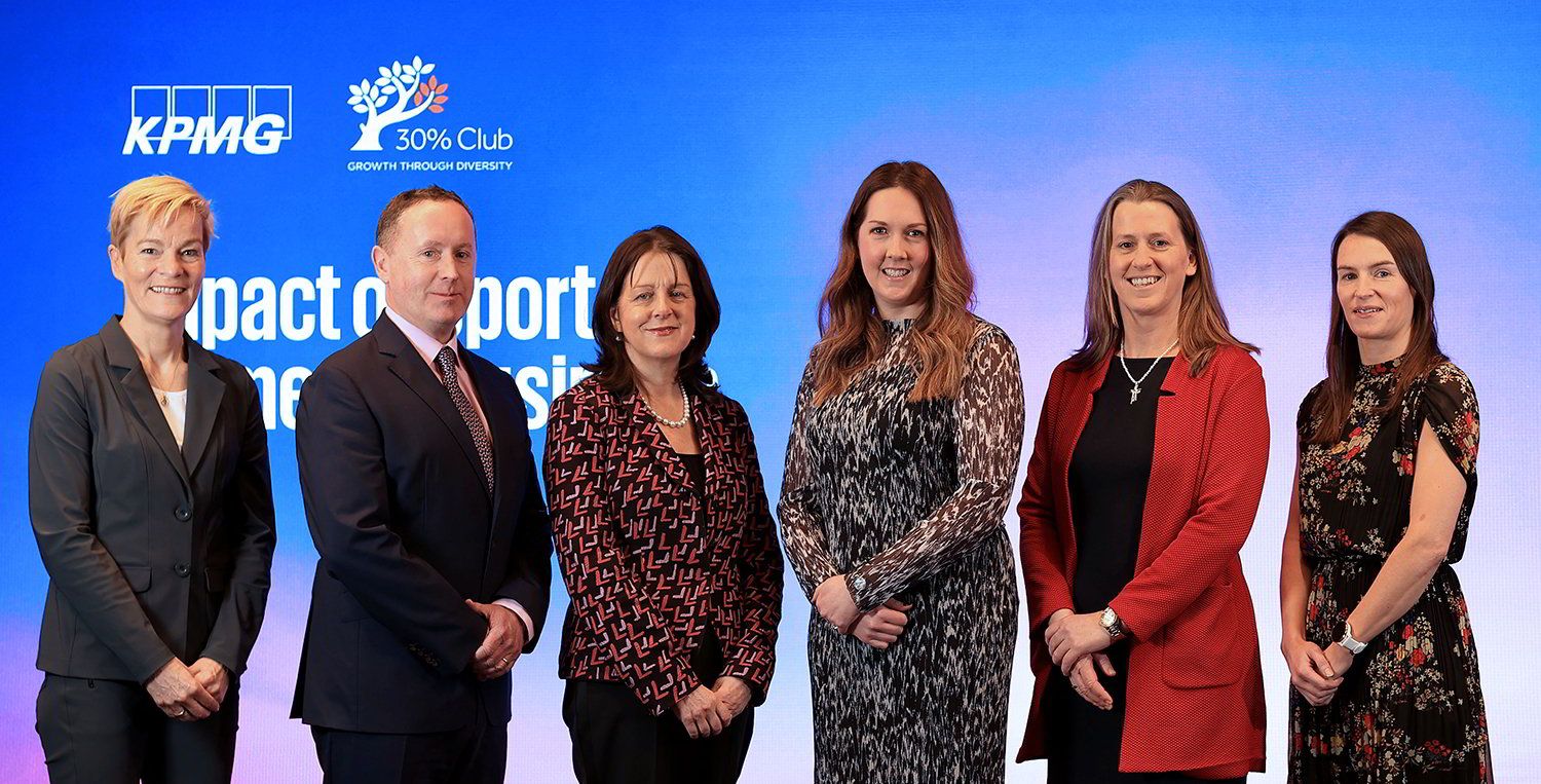 Vera Pauw, Manager, Irish Women’s National Football Team; Paul McCabe, Chief Operating Officer, VLE Therapeutics Ltd and member of the 30% Club Ireland; Meliosa O’Caoimh, Country Chair, 30% Club Ireland; Rio Howley, Partner at KPMG; Mary O’Connor, CEO of the Federation of Irish Sport and Sinead Aherne, KPMG Director and Dublin Ladies Football team 