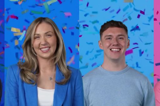 5 smiling students on colourful background