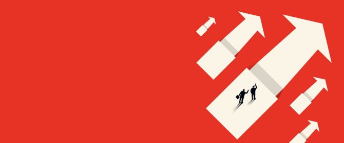 Illustration of business executives standing on white arrow on red background