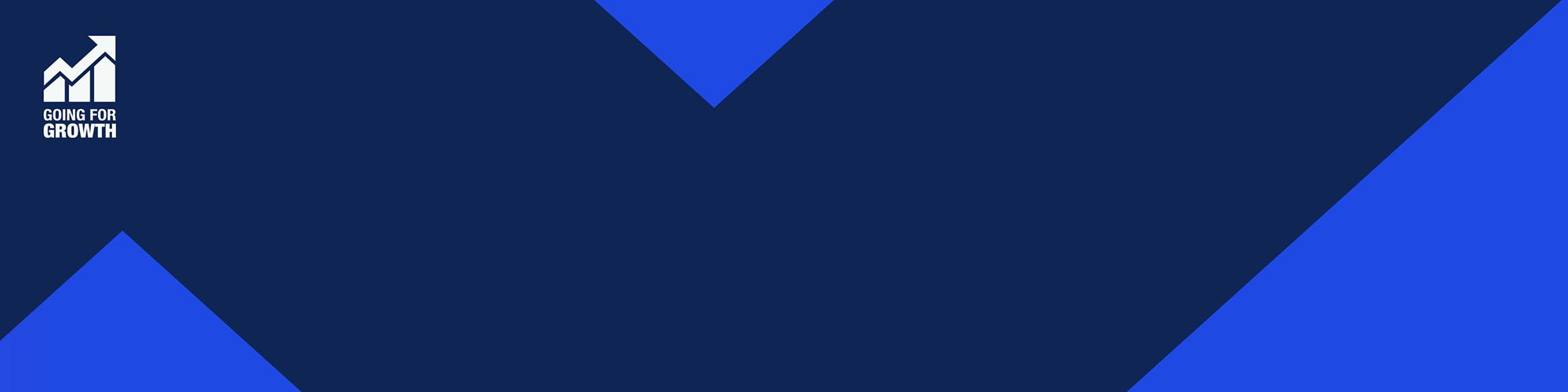 Going for growth banner - blue shapes on navy background with logo on top left