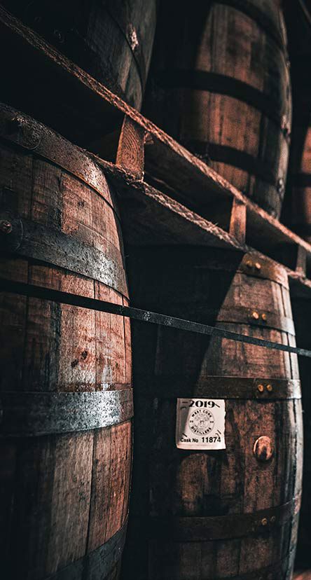 rows of whiskey barrels