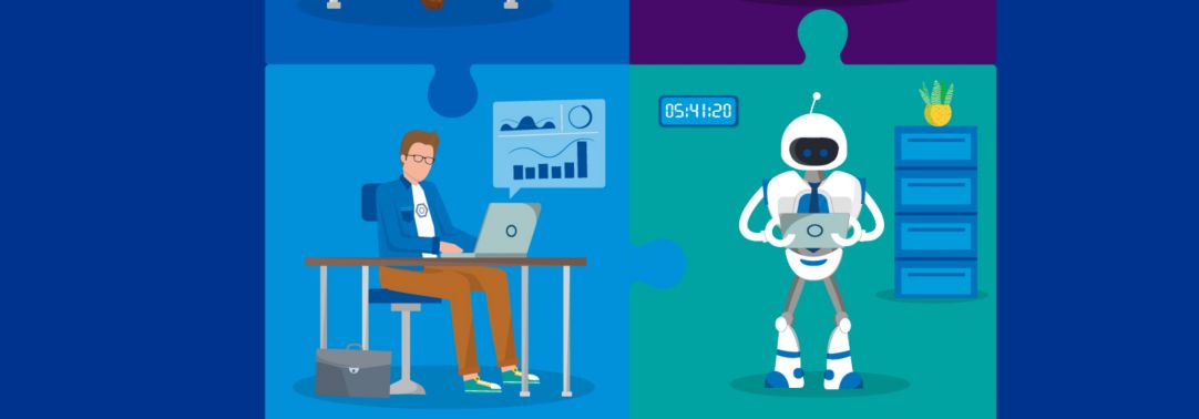  Ilustración de 3 empresarios que trabajan y un robot