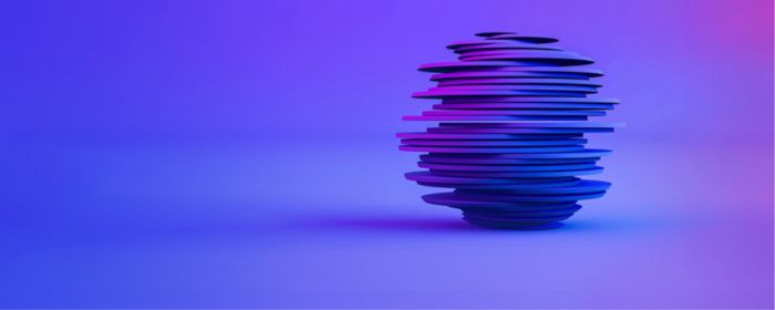 Layered geometric shape sphere with blue and purple light