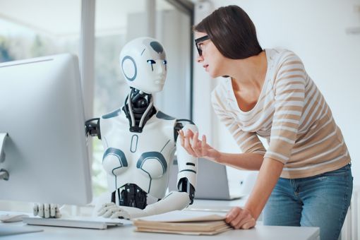 Woman consulting with robot