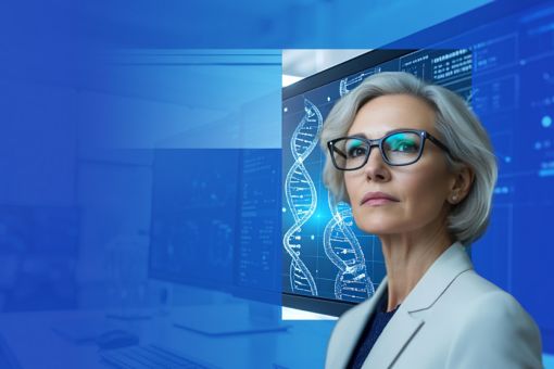 A woman looking forward with digital graphics in the background