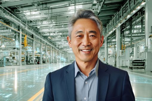 Business man in factory smiling