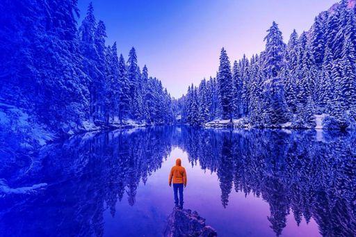 Man standing in front of lake and snowy trees
