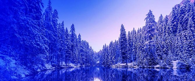 Man standing in front of lake and snowy trees