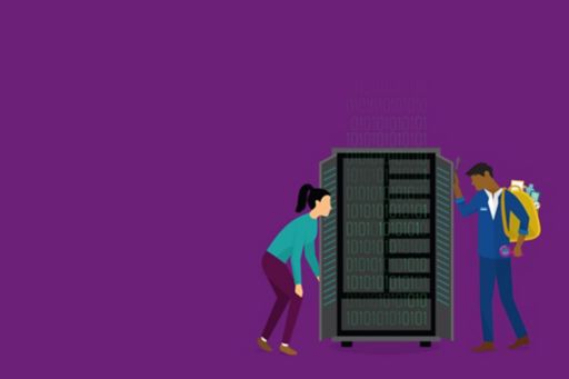 Man and woman configuring server on purple background