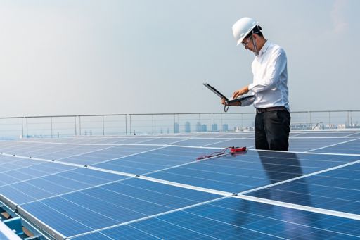Man working on laptop standing near the solar panel