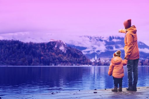 Mom and Child Enjoying Mountains View