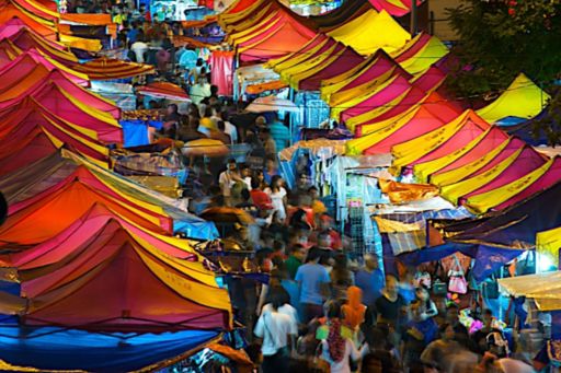 multi-colored tents in a marketplace