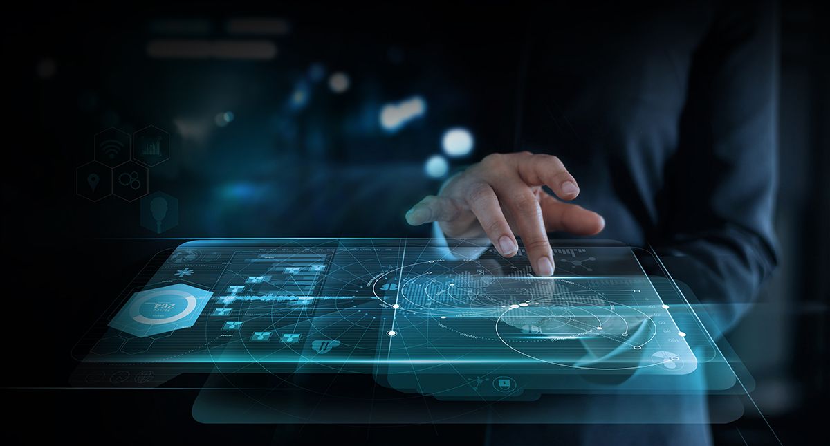 Businesswoman touching interface and startup a global network connection on virtual screen ,innovation and communications concept